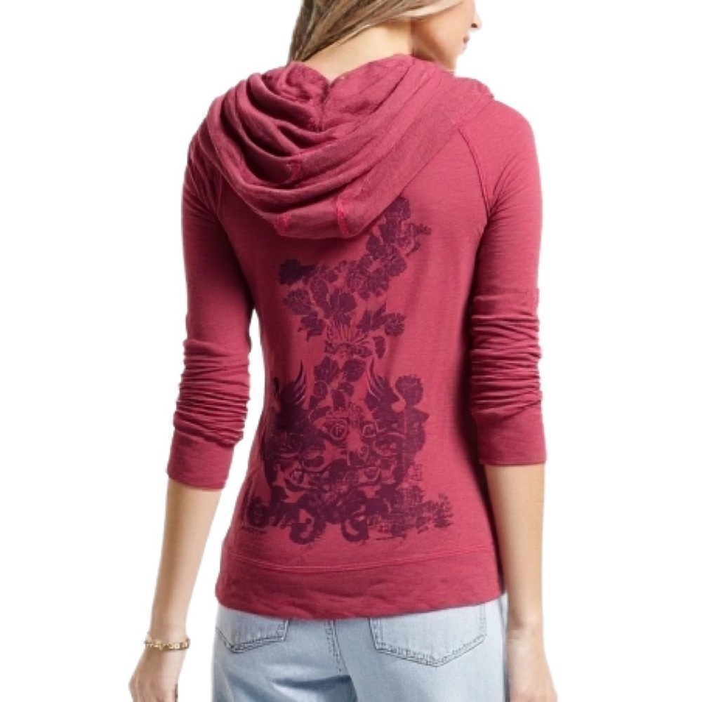 Three Stones Floral Graphic Print Wool Blend Hoodie in Burgundy Size M